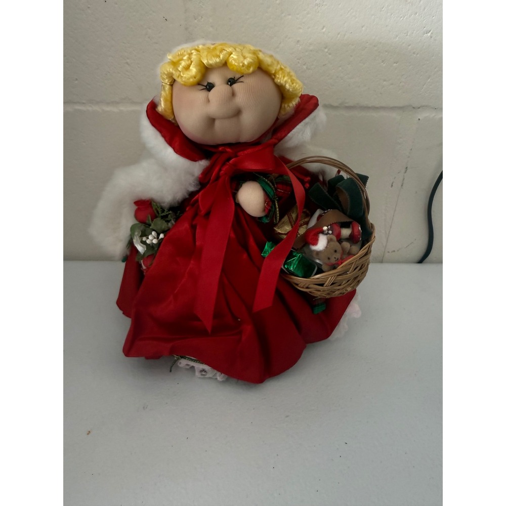 Vintage Handmade Soft Sculpture Christmas Doll Red Satin Faux Fur Wicker Basket